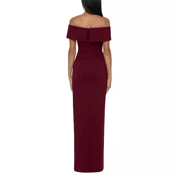 Xscape "PATTI" LONG OFF THE SHOULDER SCUBA CREPE DRESS in Burgandy - Picture 3 of 9